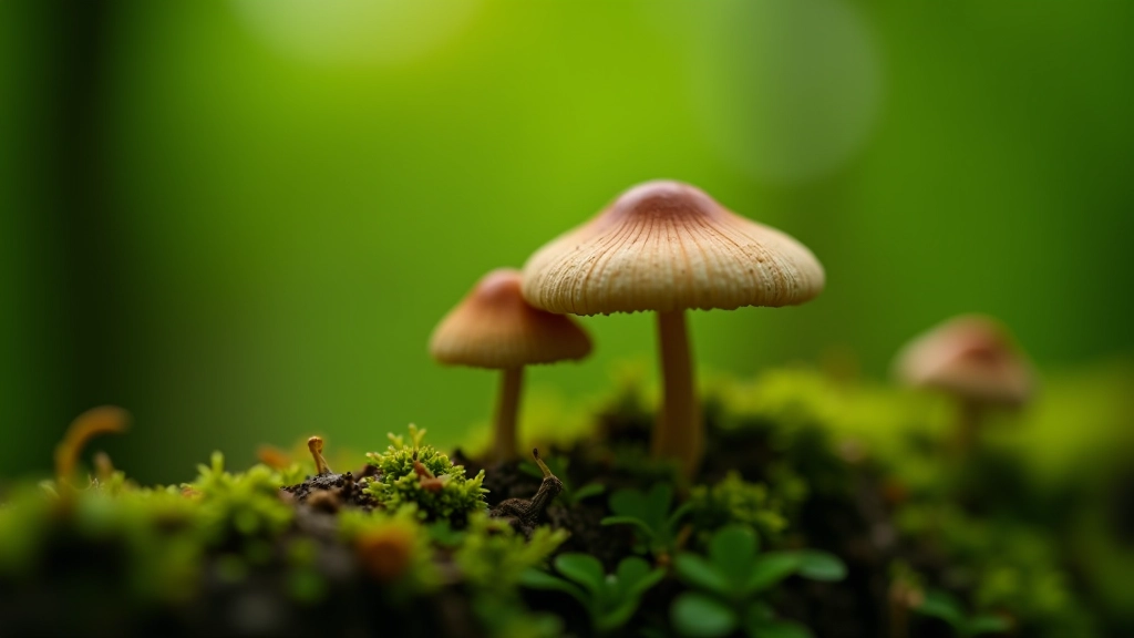 Smaržīgs sēņu koš meža nomalē, zaļā fona, mikro perspektīva, dabisks gaismas spēle
